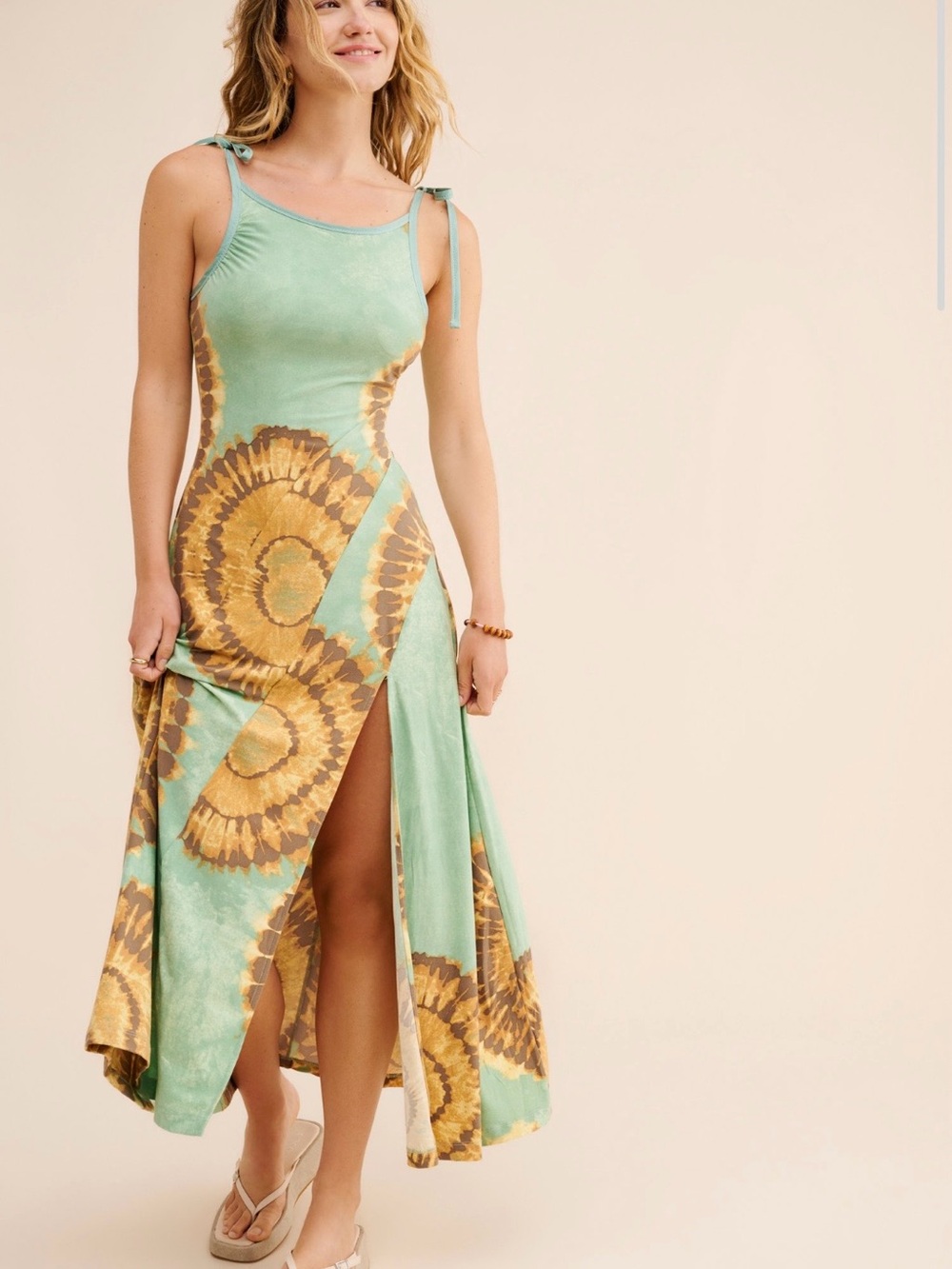 Mint Green Tie-Dye Maxi Dress with Side Slit
